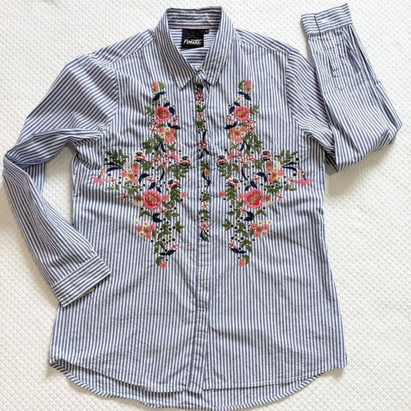 NANETTE LEPORE Embroidered Floral Button Down Long Sleeve Cotton Dress Shirt - Picture 2 of 12